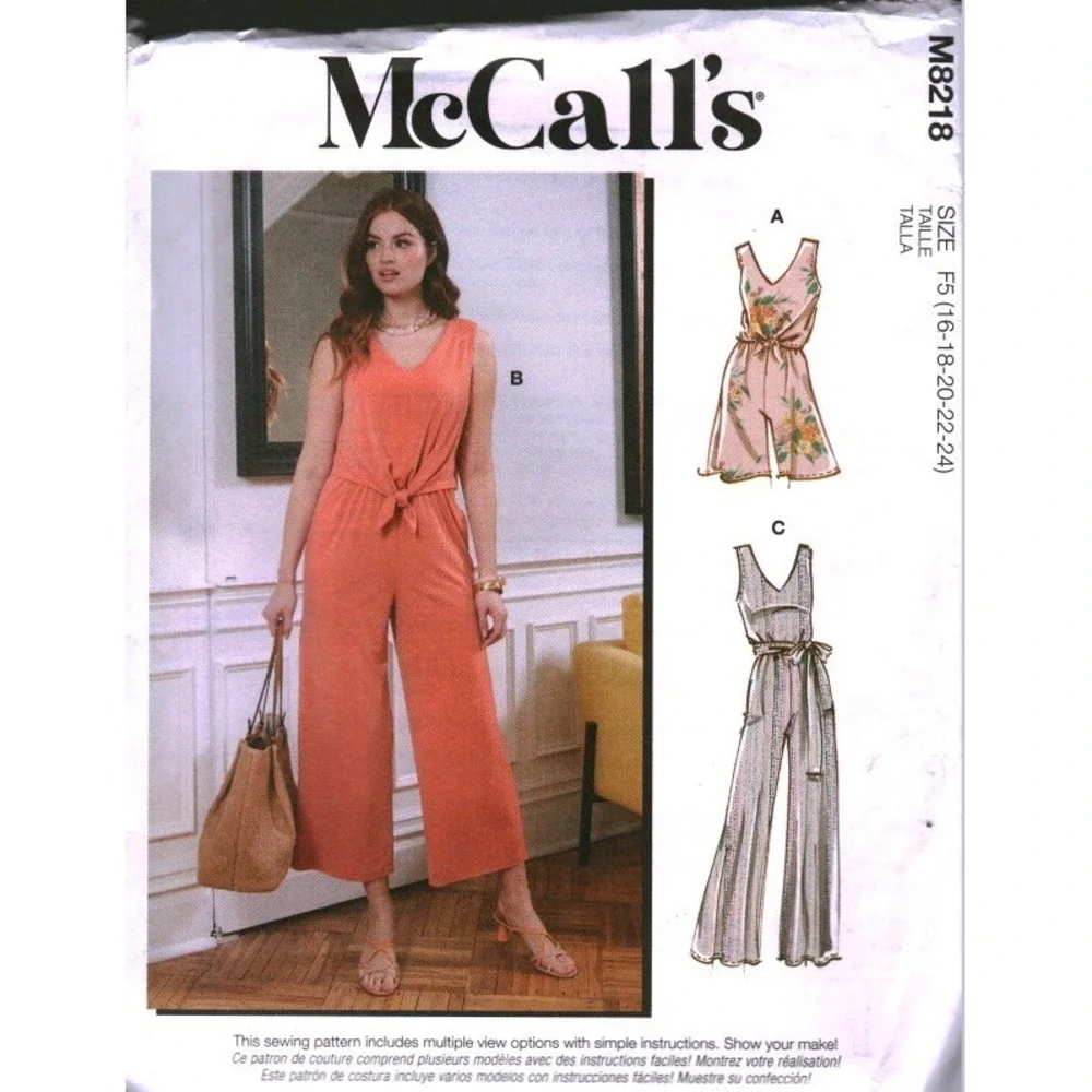 McCalls M8218 Misses Romper Jumpsuit Sewing Pattern Size F5 16-18 Wide Leg Sash